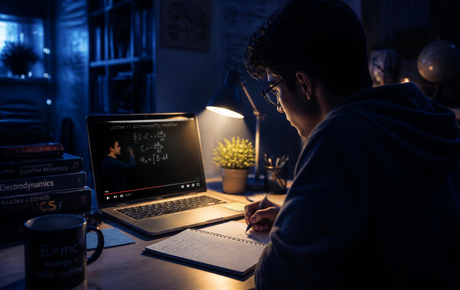 Student watching a recorded physics lecture at night